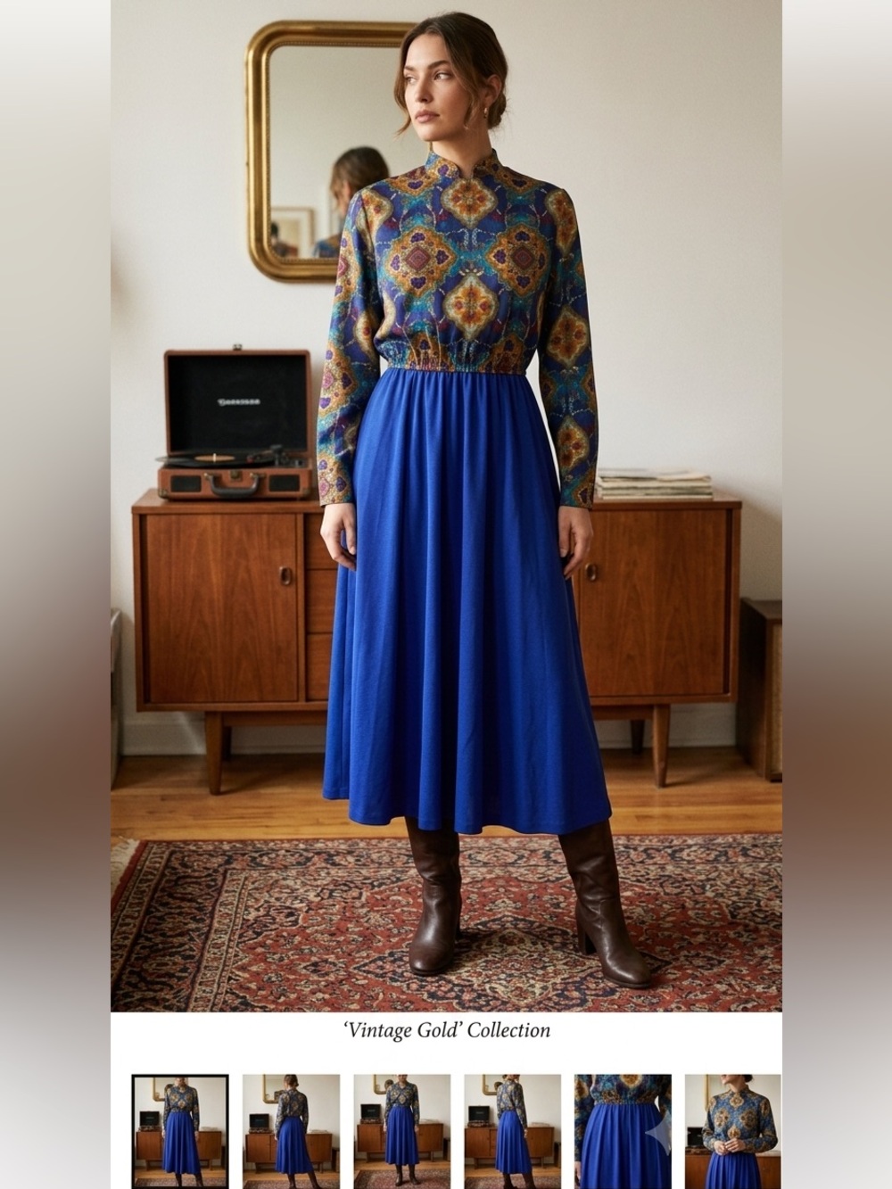 Vintage 80s Petrina & Company Bold Print Dress Elastic Button Front Long Sleeve